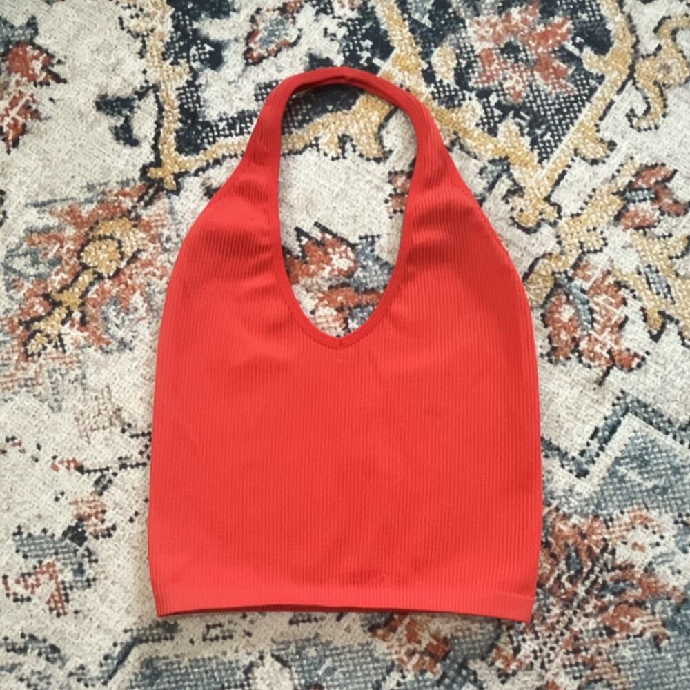Out From Under Red Ribbed Solid Halter Wireless Sports Bra Bralette, Size S